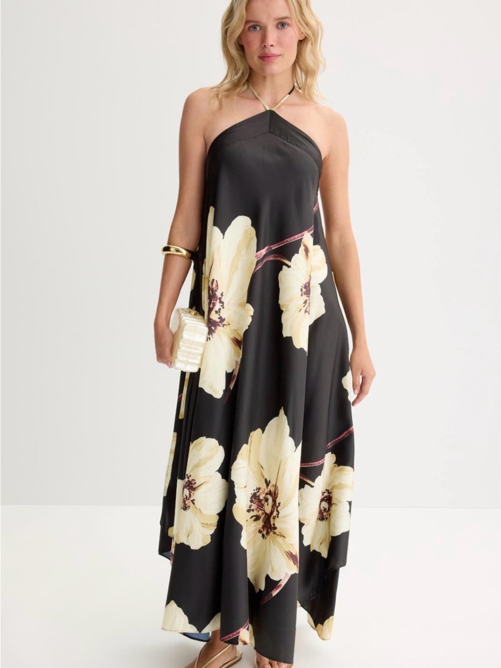Misa Los Angeles Black Halter Maxi Dress with Cream Floral Print - Picture 1 of 12